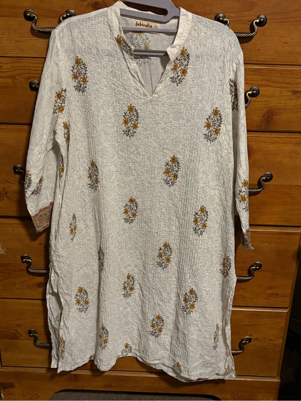 fabindia White Cotton Kurta with Mustard Floral Print
